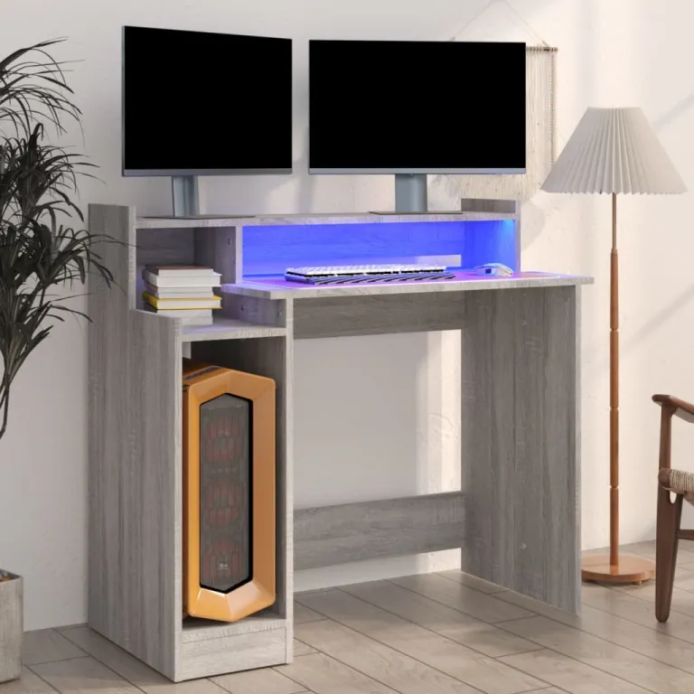 Schreibtisch Computertisch mit LEDs Grau Sonoma 97x90x45 cm Holzwerkstoff