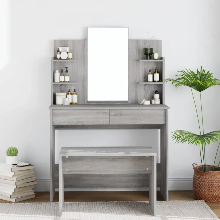 Schminktisch Frisiertisch Beautytisch mit Spiegel Grau Sonoma 96x40x142 cm