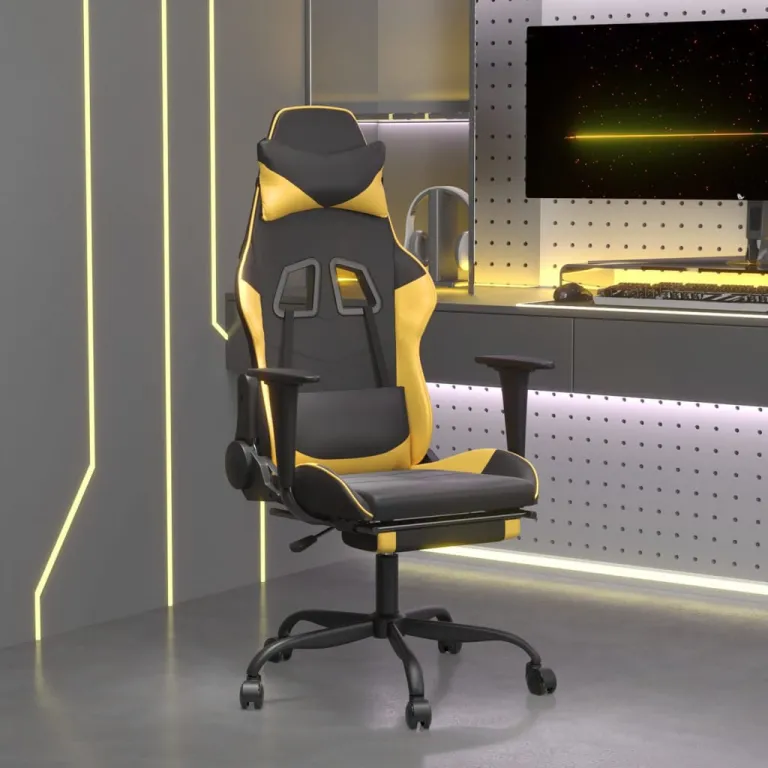 Gaming-Stuhl mit Massage & Fusttze Schwarz Golden Kunstleder