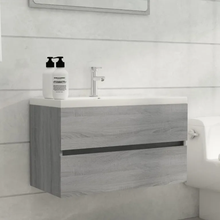 Waschbeckenunterschrank mit Einbaubecken Grau Holzwerkstoff Waschtisch 80 cm