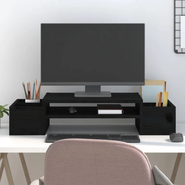 Monitorstnder Schwarz 70x27,5x15 cm Massivholz Kiefer Erhhung Bildschirm Tisch Home Office