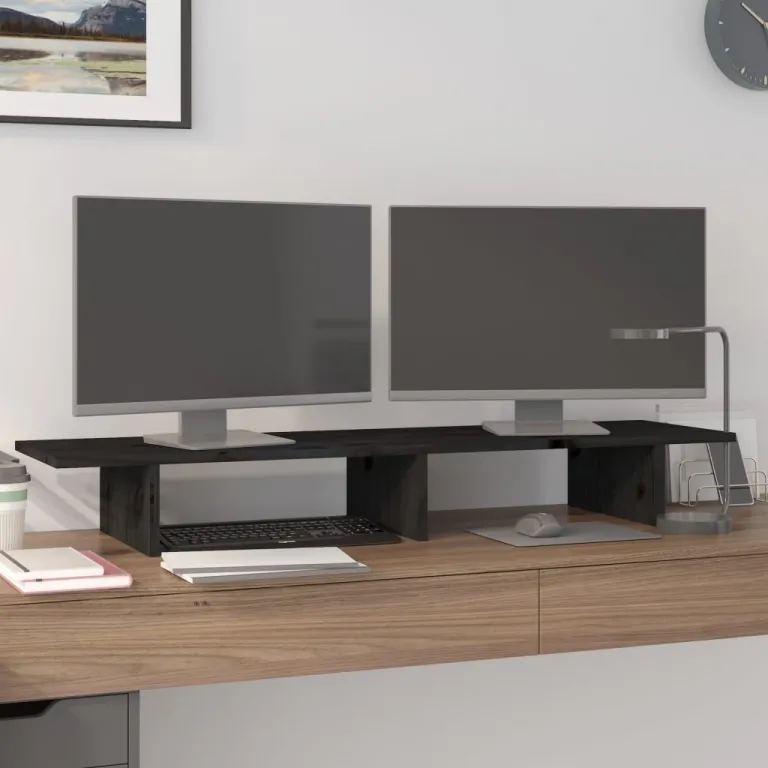 Monitorstnder Schwarz 100x27x15 cm Massivholz Kiefer Erhhung Bildschirm Tisch Home Office