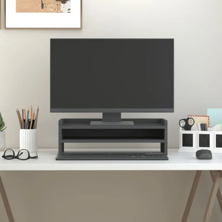 Monitorstnder Grau 50x24x16 cm Massivholz Kiefer Erhhung Bildschirm Tisch Home Office