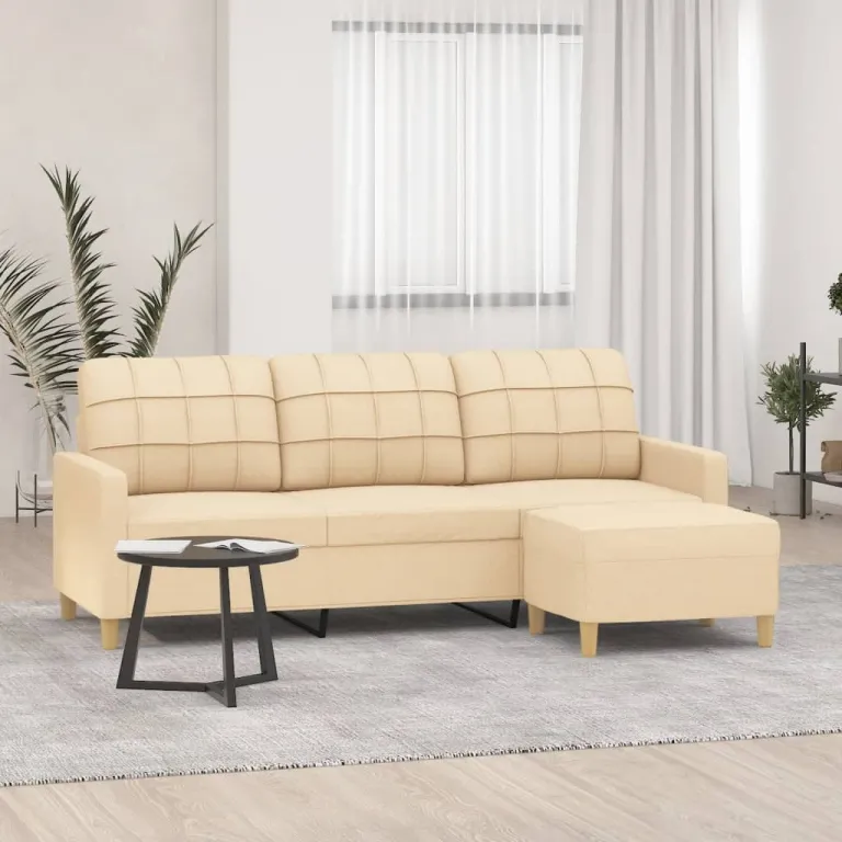 3-Sitzer-Sofa mit Hocker Creme 180 cm Stoff Couch