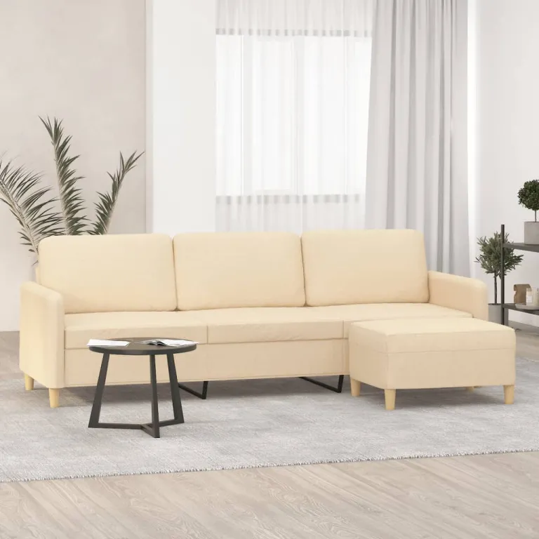 3-Sitzer-Sofa mit Hocker Creme 210 cm Stoff Couch