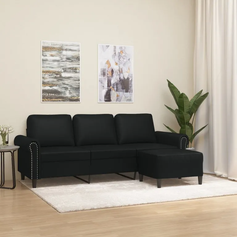 3-Sitzer-Sofa mit Hocker Schwarz 180 cm Kunstleder Couch