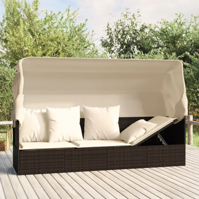 Gartenliege Outdoor-Loungebett mit Dach und Kissen Braun Polyrattan