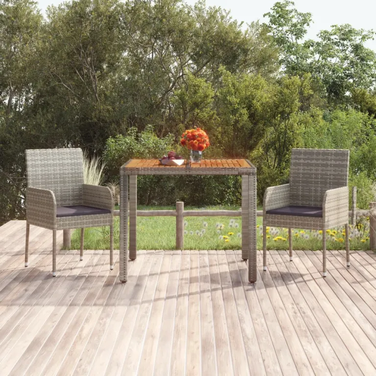 Gartentisch mit Holzplatte Grau 90x90x75 cm Polyrattan Esstisch Bistrotisch