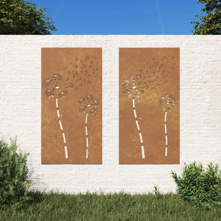 2-tlg. Garten-Wanddeko 105x55 cm Cortenstahl Blumen-Design Gartendekoration