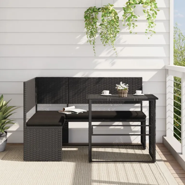Gartensofa in L-Form mit Tisch und Kissen Schwarz Polyrattan