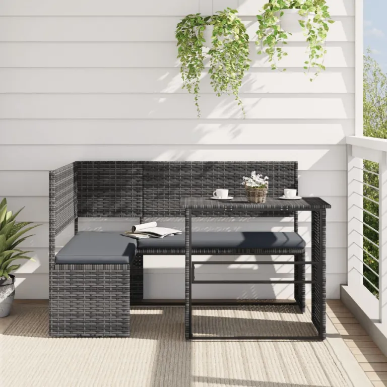 Gartensofa in L-Form mit Tisch und Kissen Grau Polyrattan