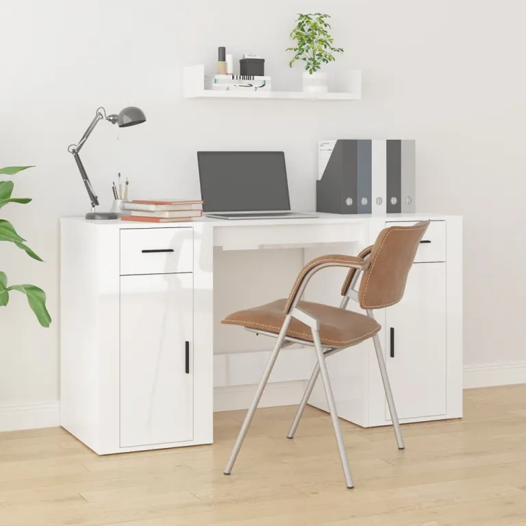 Schreibtisch mit Stauraum Hochglanz-Weiß Holzwerkstoff Home Office Arbeitsplatz