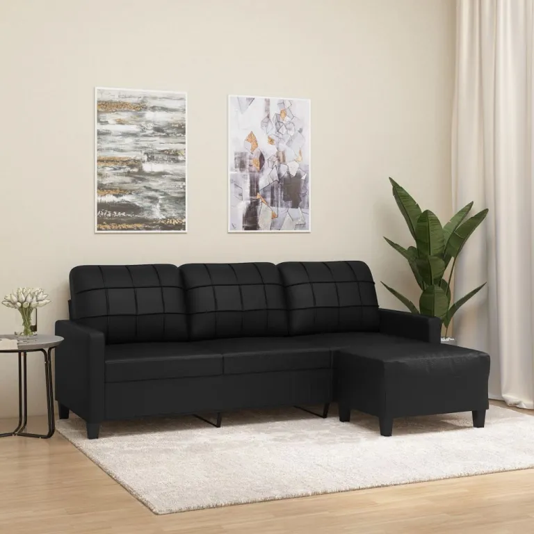 3-Sitzer-Sofa mit Hocker Schwarz 180 cm Kunstleder Couch
