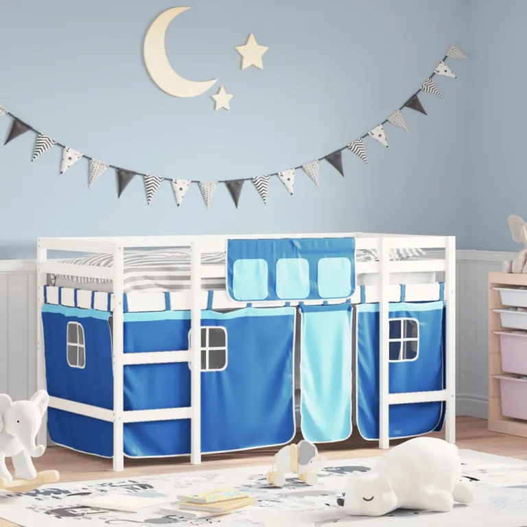 Kinderhochbett mit Vorhngen Blau 90x190 cm Massivholz Kiefer Bett Bettgestell
