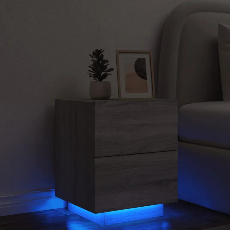 Nachttisch mit LED-Leuchten Grau Sonoma Holzwerkstoff Nachtschrank Bettschrank