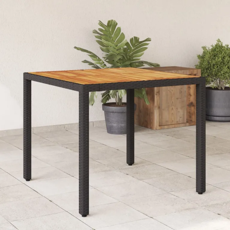 Gartentisch Esstisch Terrassentisch mit Holzplatte Schwarz 90x90x75 cm Poly Ratt