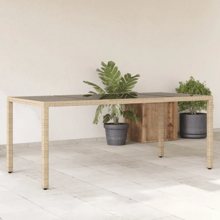 Gartentisch Esstisch Terrassentisch mit Glasplatte Beige 190x90x75 cm Poly Ratta