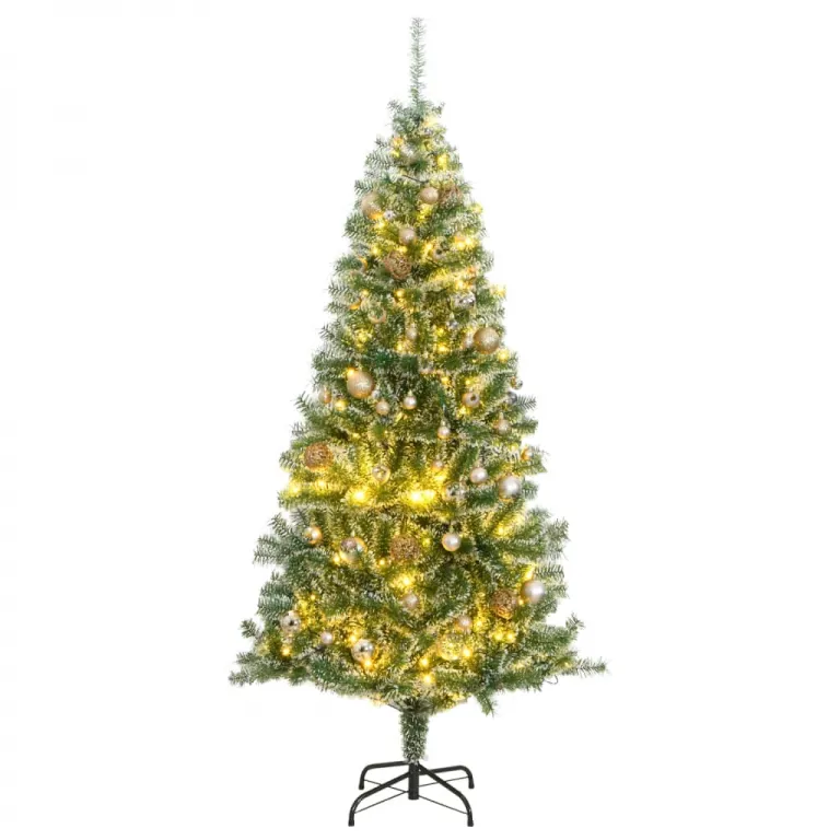 Knstlicher Weihnachtsbaum 300 LEDs & Kugeln Beschneit 180 cm