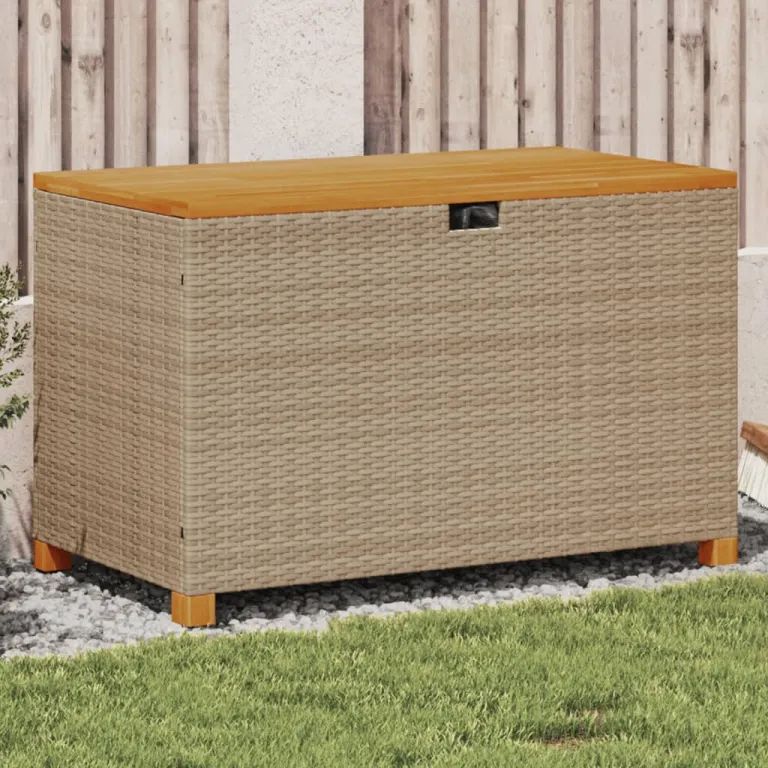 Kissentruhe Gartentruhe Beige 110x55x63 cm Polyrattan Akazienholz