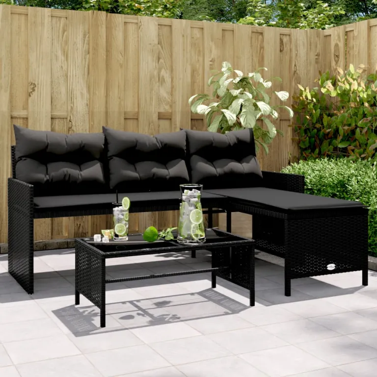 Gartensofa in L-Form mit Tisch und Kissen Schwarz Polyrattan Auenbereich