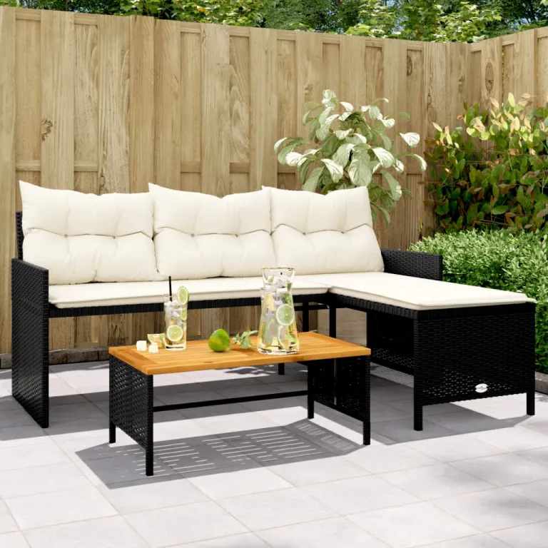 Gartensofa in L-Form mit Tisch und Kissen Schwarz Polyrattan Auenbereich