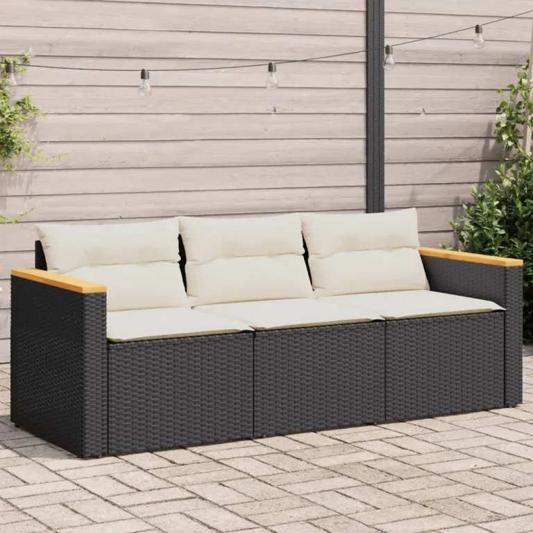 Gartensofa mit Kissen 3-Sitzer Schwarz Polyrattan