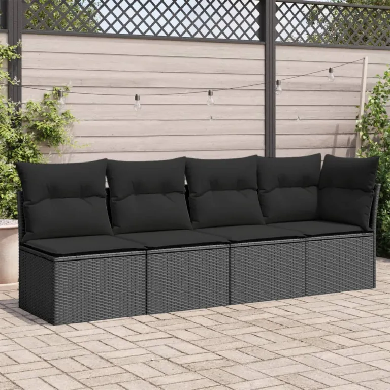 Gartensofa mit Kissen 4-Sitzer Schwarz Polyrattan