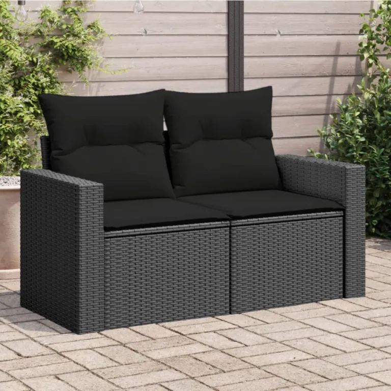 Gartensofa mit Kissen 2-Sitzer Schwarz Polyrattan Auenbereich