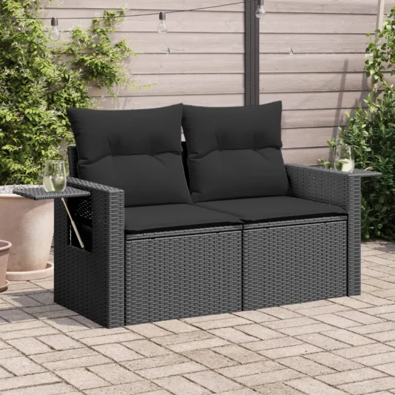 Gartensofa mit Kissen 2-Sitzer Schwarz Polyrattan