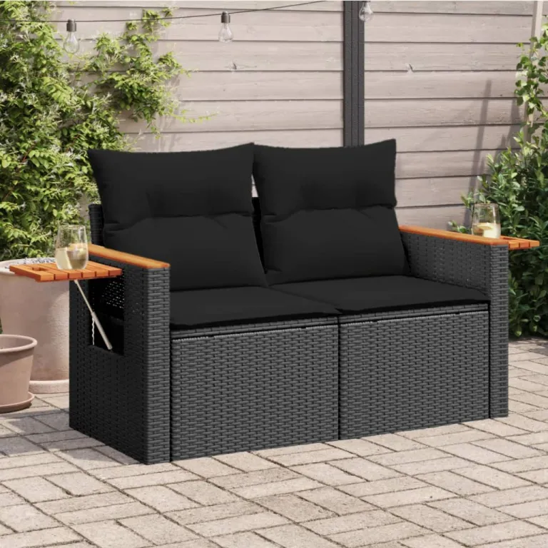Gartensofa mit Kissen 2-Sitzer Schwarz Polyrattan