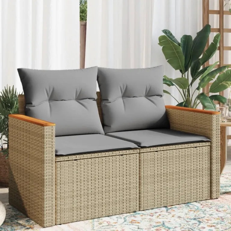 Gartensofa mit Kissen 2-Sitzer Beige Polyrattan Auenbereich