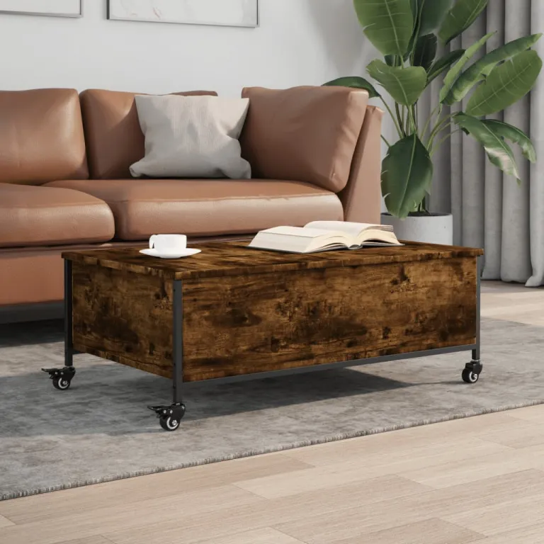 Couchtisch mit Rollen Ruchereiche 91x55x34 cm Holzwerkstoff Sofatisch Kaffeetis