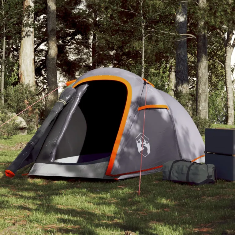 Zelt Campingzelt Tunnelzelt 2 Personen Grau und Orange Wasserdicht