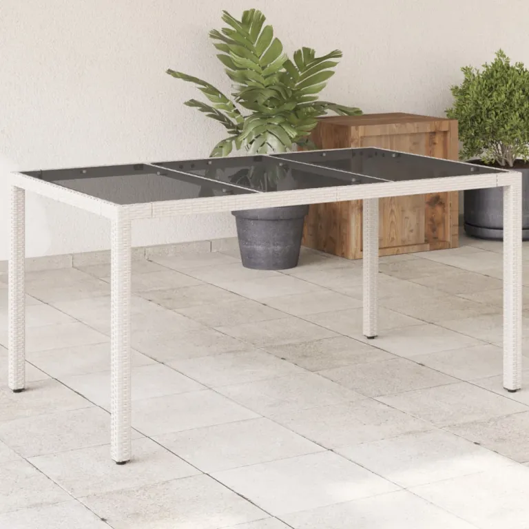 Gartentisch mit Glasplatte Wei 150x90x75 cm Poly Rattan Esstisch