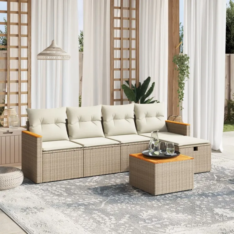 6-tlg. Garten-Sofagarnitur mit Kissen Beige Polyrattan Lounge