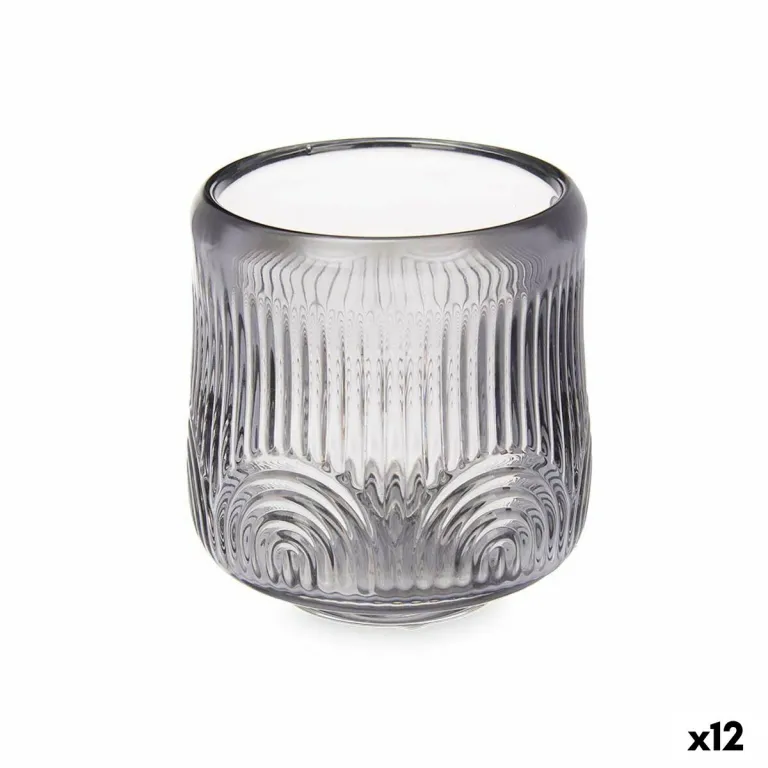 Kerzenschale Streifen Grau Glas 9 x 9,5 x 9 cm 12 Stck