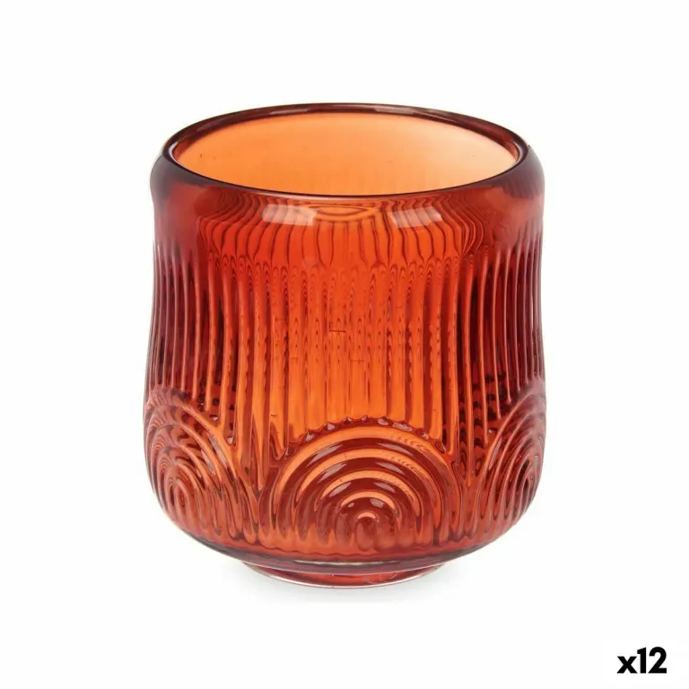 Kerzenschale Streifen Orange Glas 9 x 9,5 x 9 cm 12 Stck