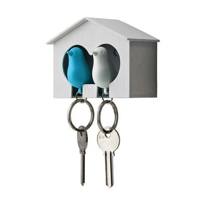 Schlüsselbrett Two Sparrows Vogelhäuschen Trillerpfeifen-Vögel blau&weiß